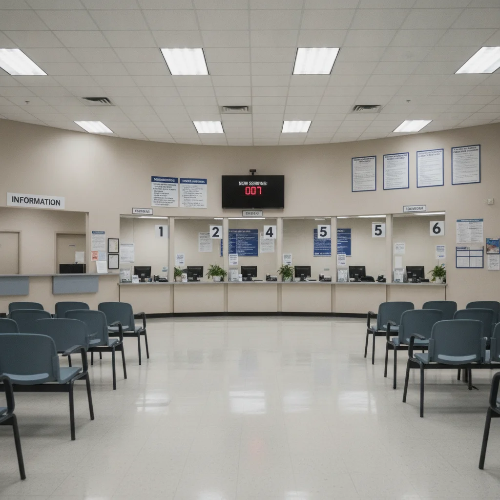 Empty DMV service counter with numbered windows and informational signage on the wall
