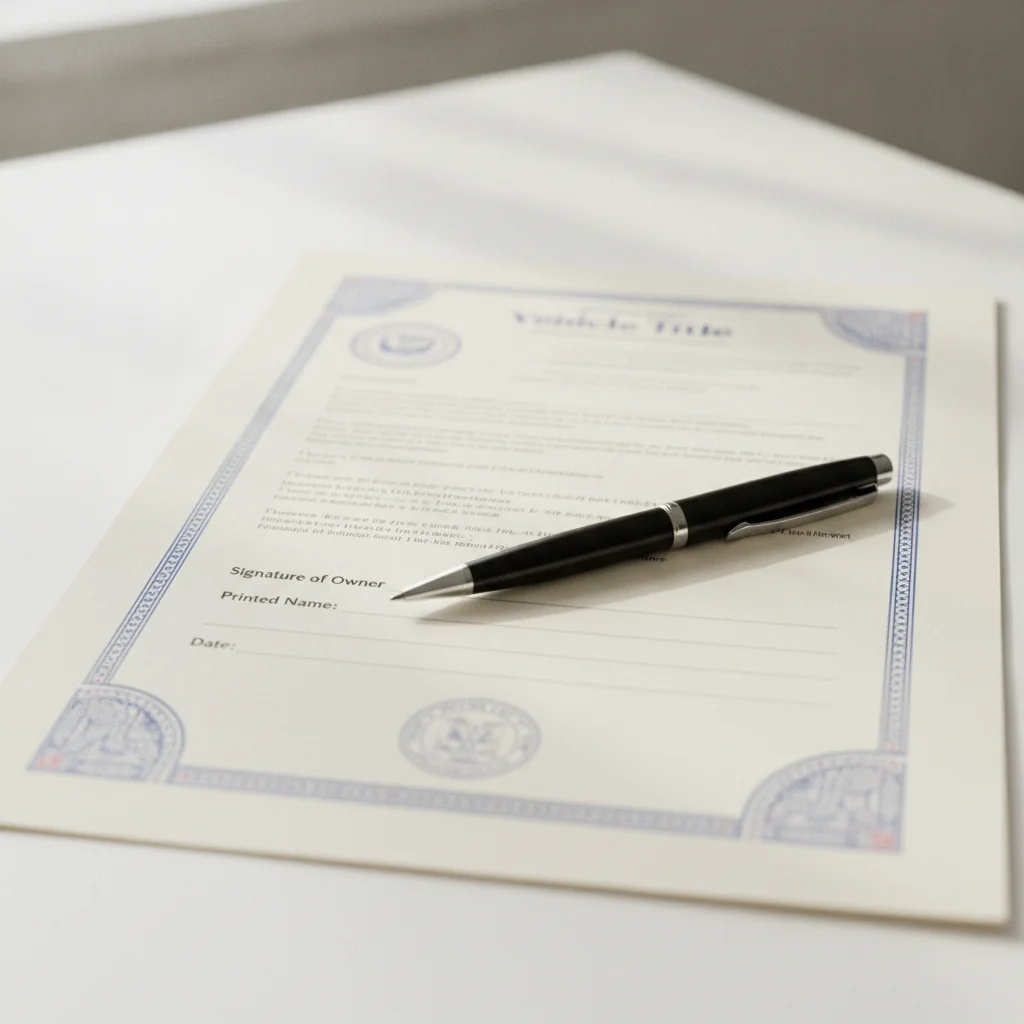 Close-up of a vehicle title document with signature lines and a pen resting on the paper