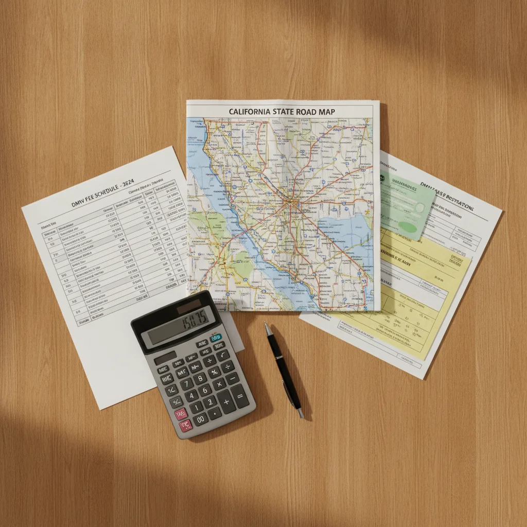 Overhead view of state DMV fee schedule, road map, calculator, and vehicle registration forms on a desk