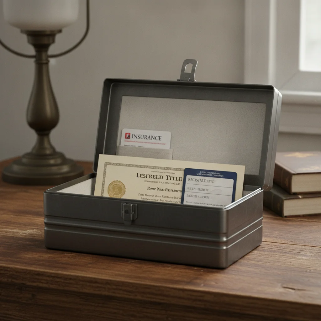 Open fireproof document box on a desk containing a vehicle title, registration card, and insurance documents