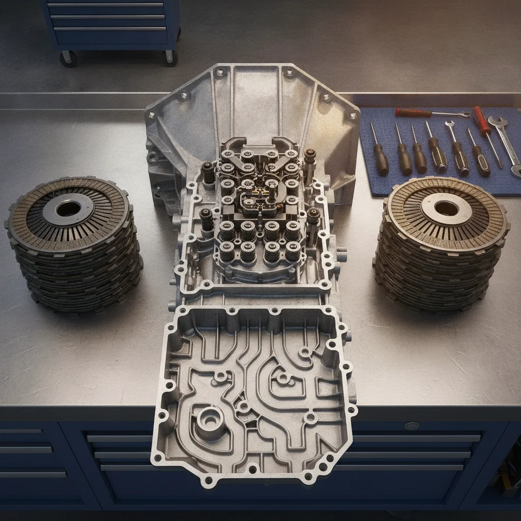 Open automatic transmission revealing internal valve body, clutch packs, and hydraulic components in a workshop setting