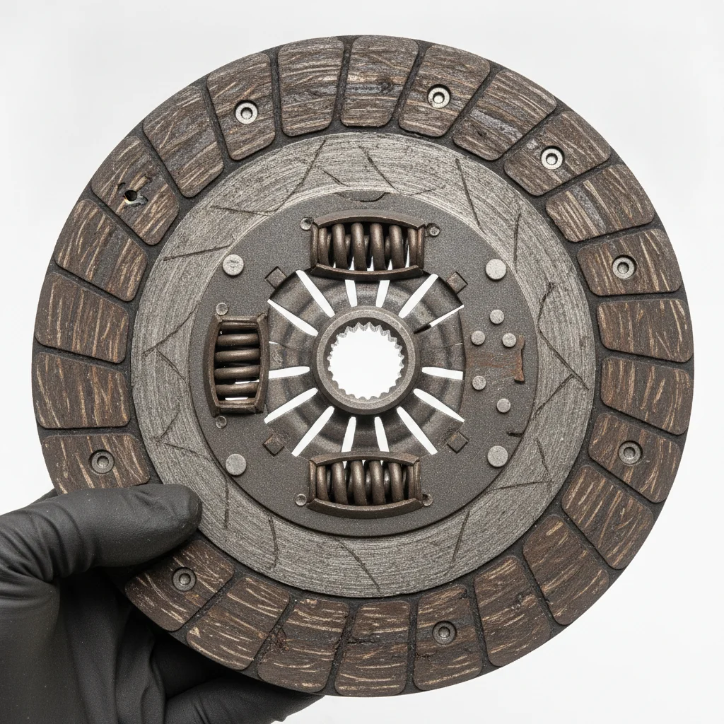 Worn manual transmission clutch disc showing friction material wear patterns, removed from vehicle for inspection