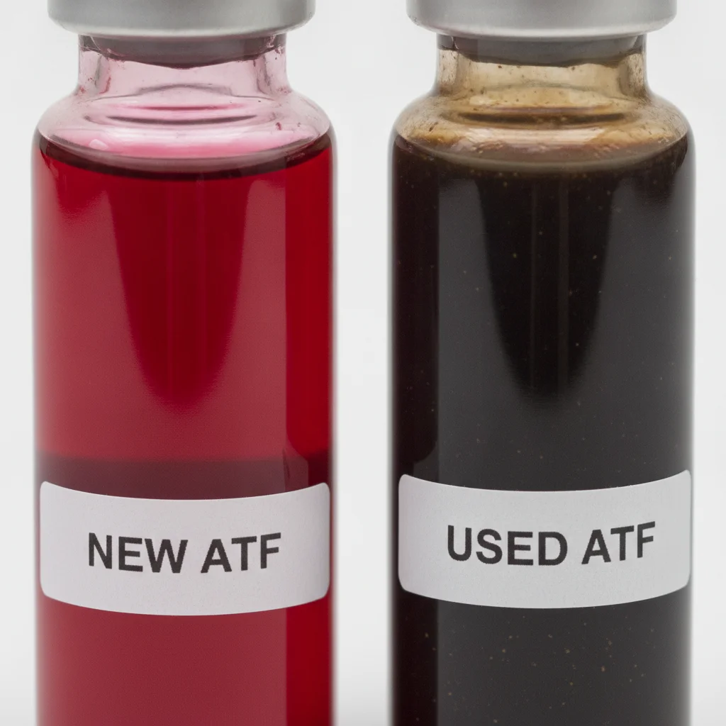Side-by-side comparison of fresh red automatic transmission fluid versus dark degraded brown transmission fluid in clear vials