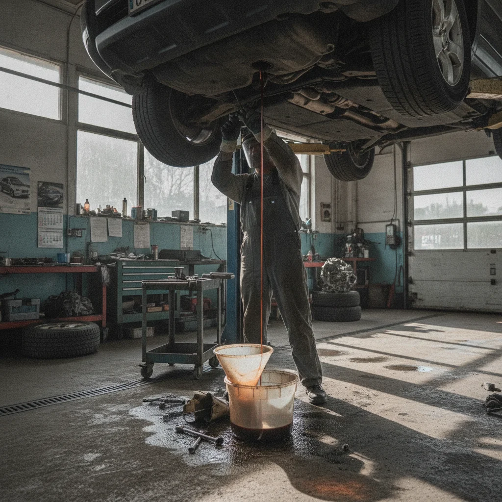 Technician draining transmission fluid from a vehicle raised on a hydraulic lift in an independent repair shop