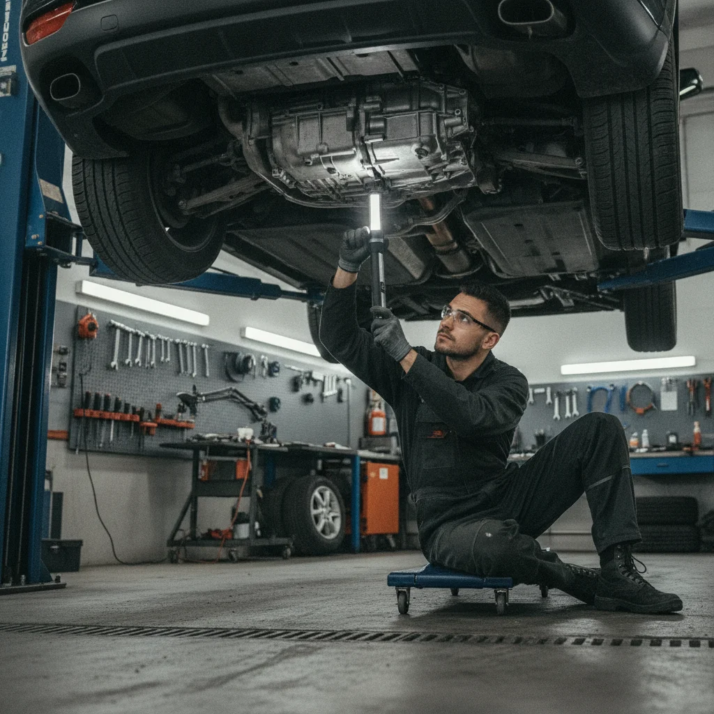 Mechanic inspecting transmission underneath a lifted vehicle in a professional auto shop.