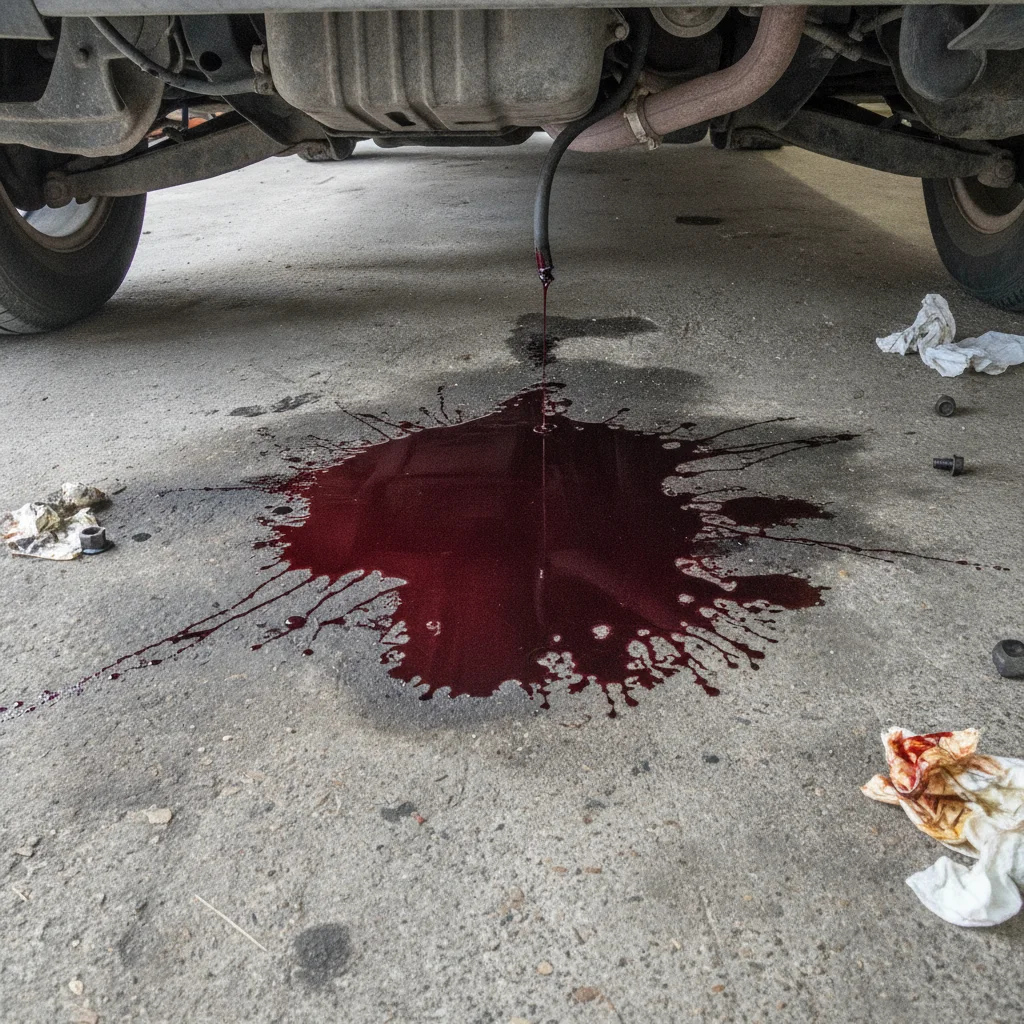 Reddish transmission fluid puddle on a concrete garage floor beneath a parked vehicle.