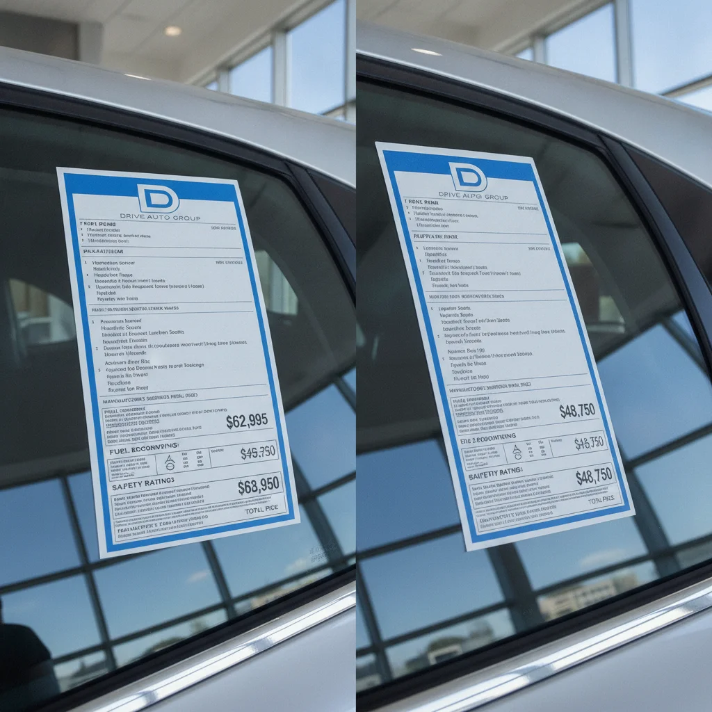 Two vehicle window stickers side by side displaying different trim levels and MSRP pricing at a dealership
