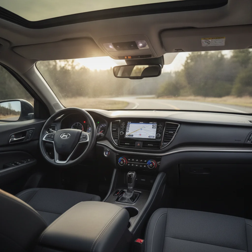 Mid-range SUV interior showing heated seat controls, sunroof switch, and infotainment screen in natural light