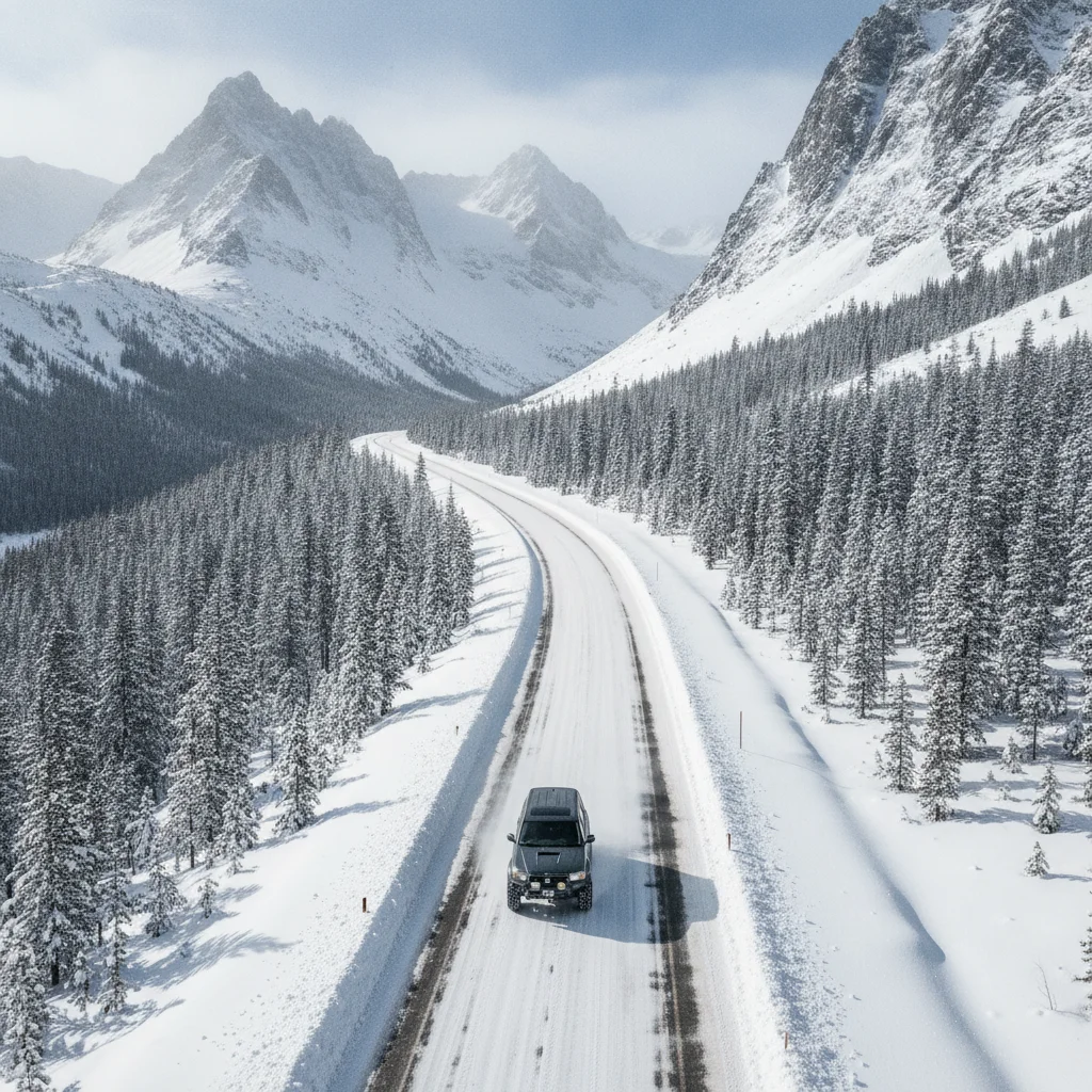 All-wheel drive SUV traveling on a snowy mountain highway surrounded by pine forests and peaks