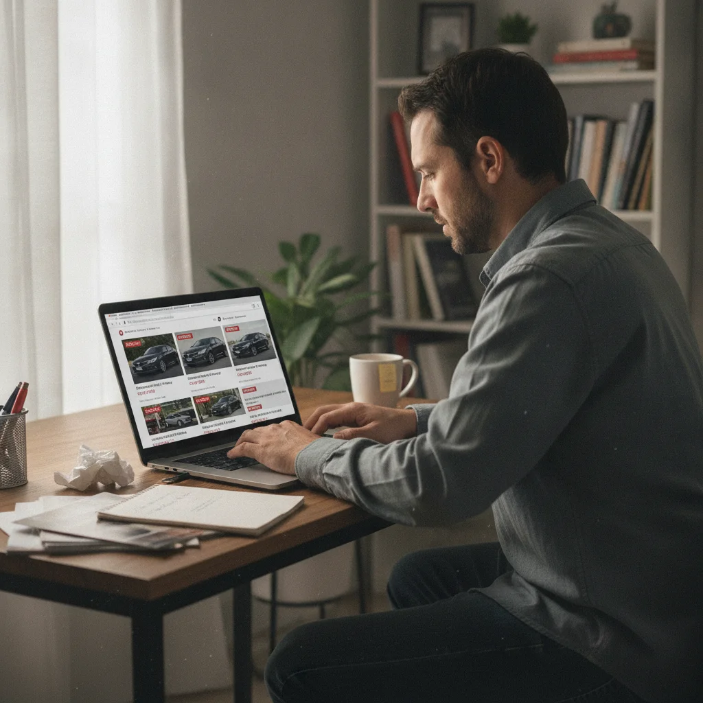Car seller using a laptop to compare vehicle listing prices across multiple websites at a home desk
