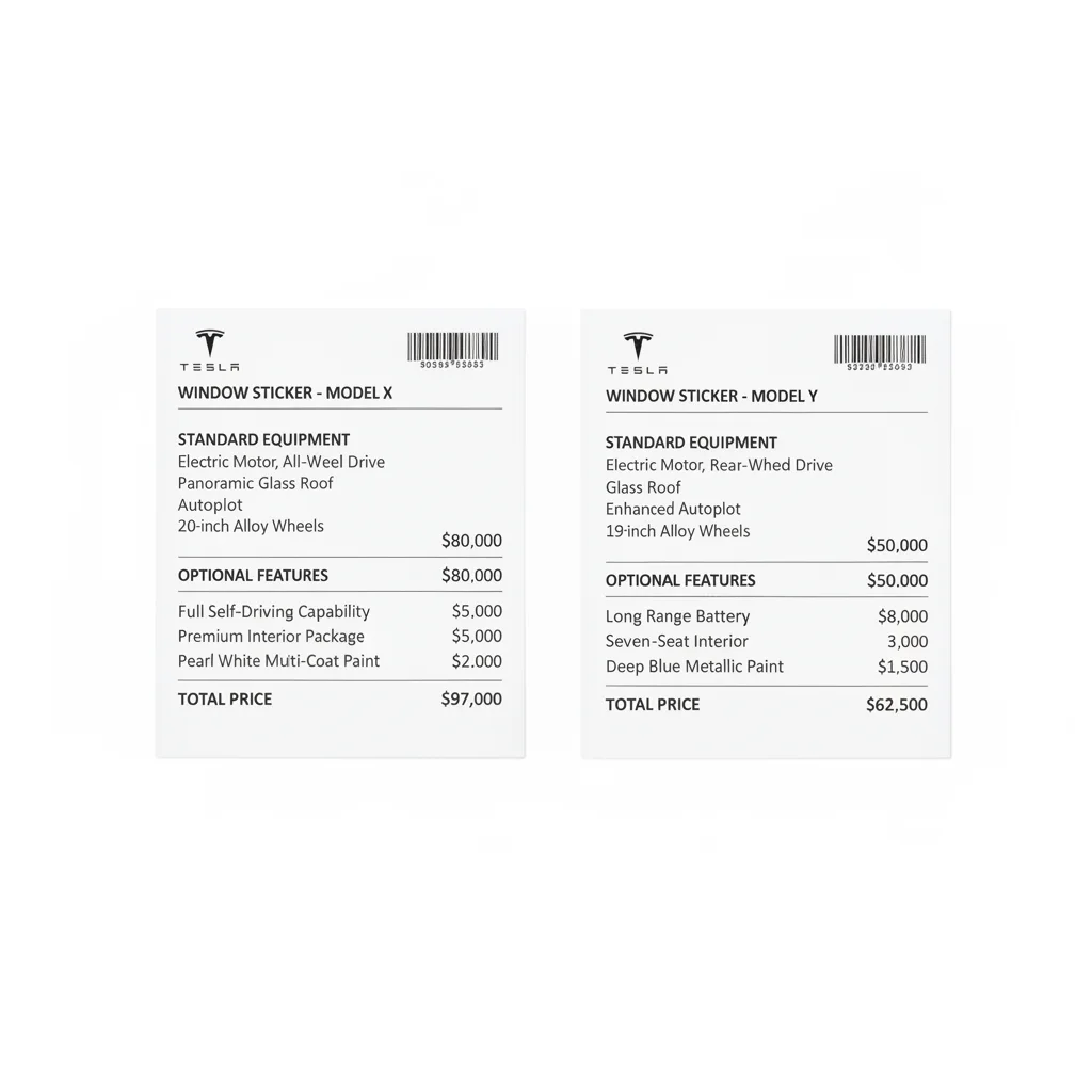 Two vehicle window sticker documents side by side showing different trim level feature lists and MSRP prices