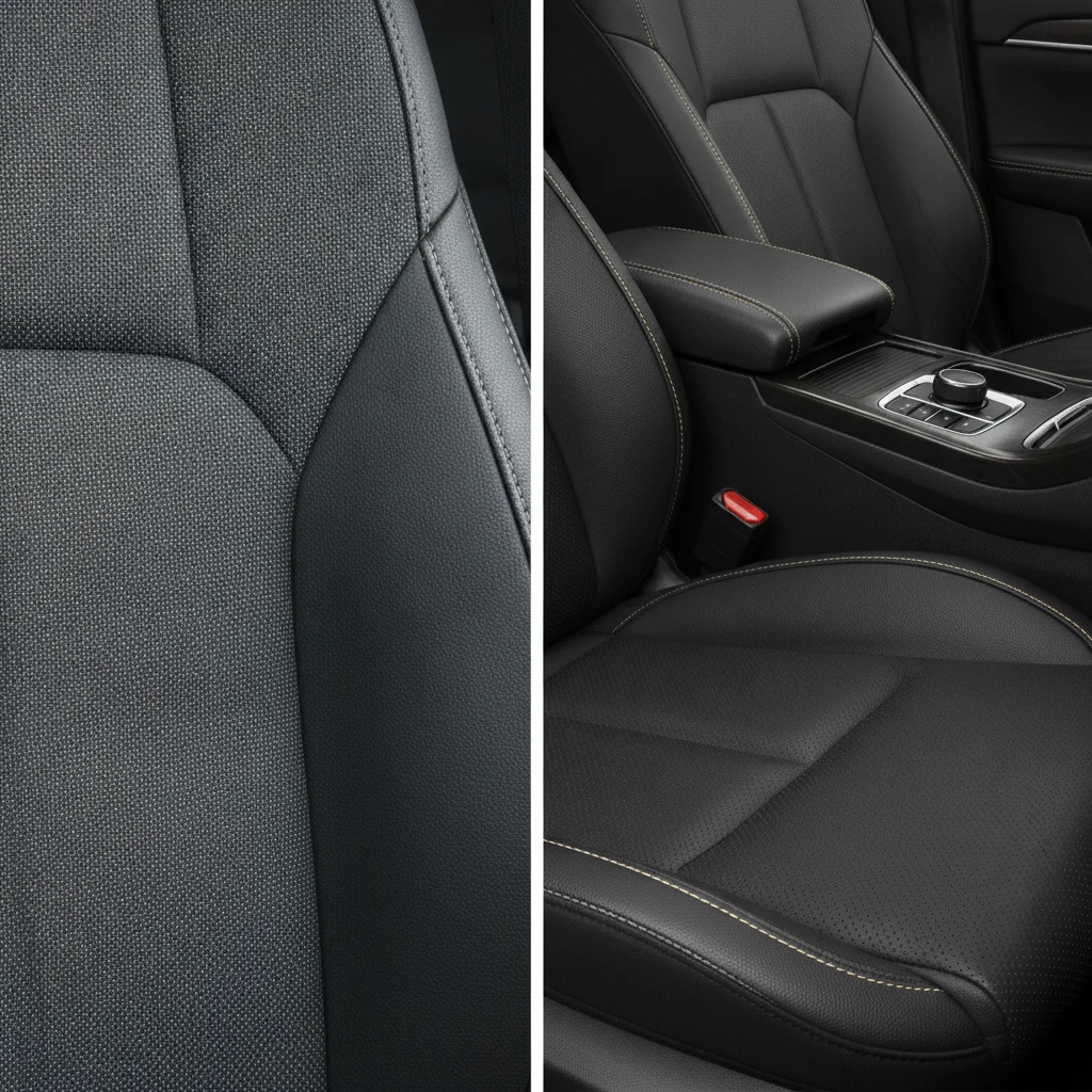 Side-by-side comparison of cloth car seat fabric versus premium leather upholstery showing trim level interior differences