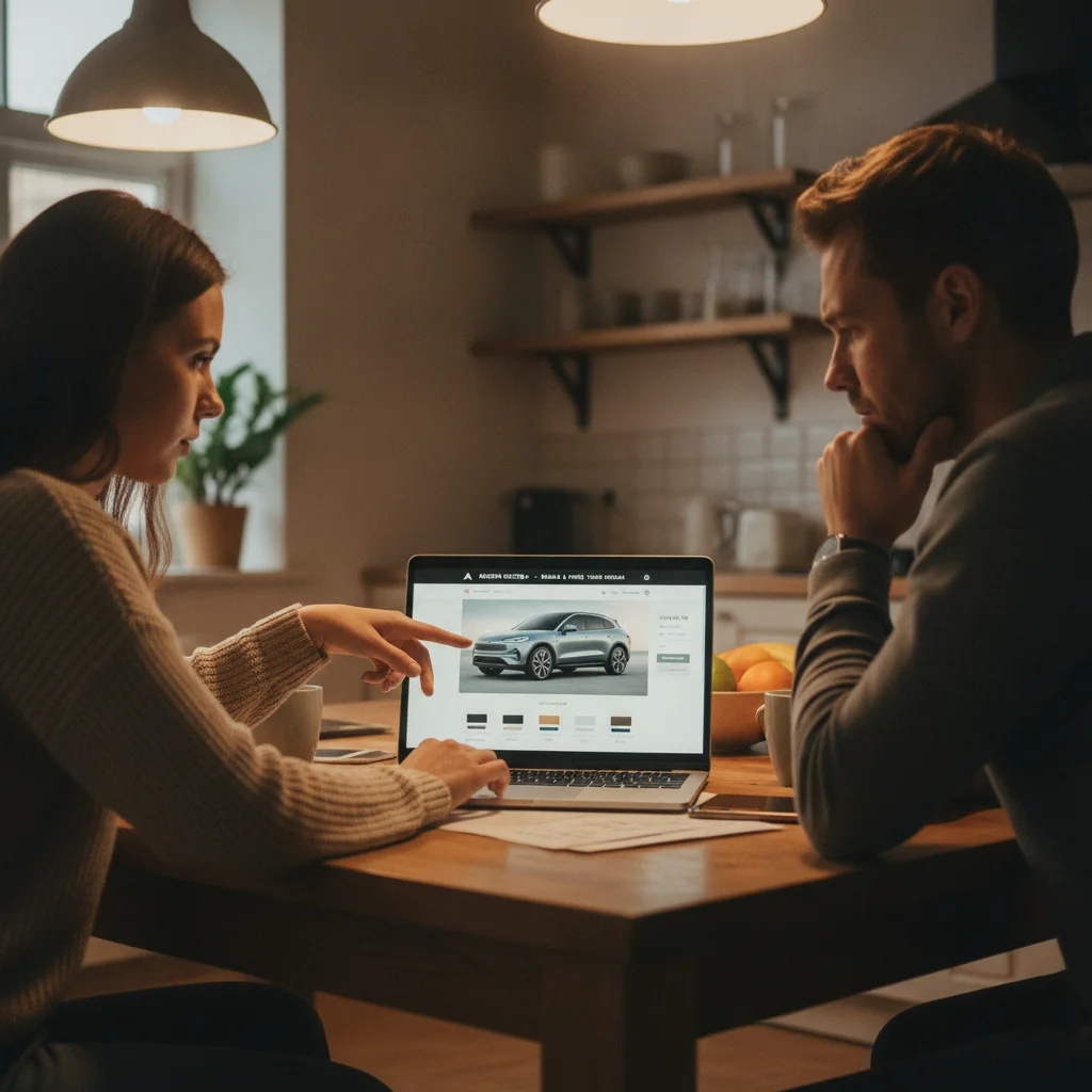 Two people reviewing a car manufacturer build-and-price tool on a laptop at home before visiting a dealership
