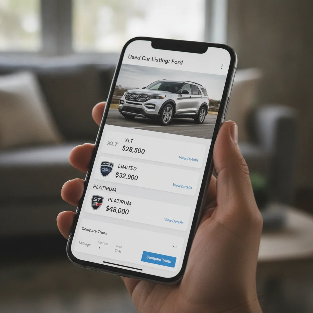 Smartphone displaying used car listings showing the same model in different trim levels with varying prices