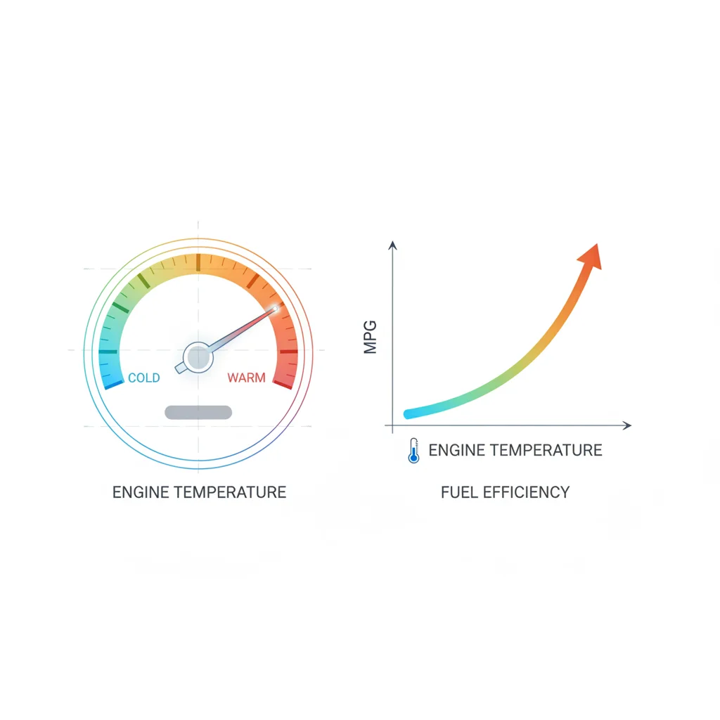 Diagram showing engine temperature rising and fuel efficiency improving as the engine warms up