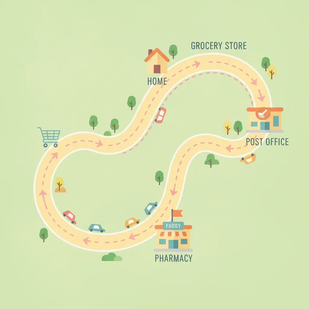 Top-down map showing an efficient looping errand route connecting multiple stops in one trip
