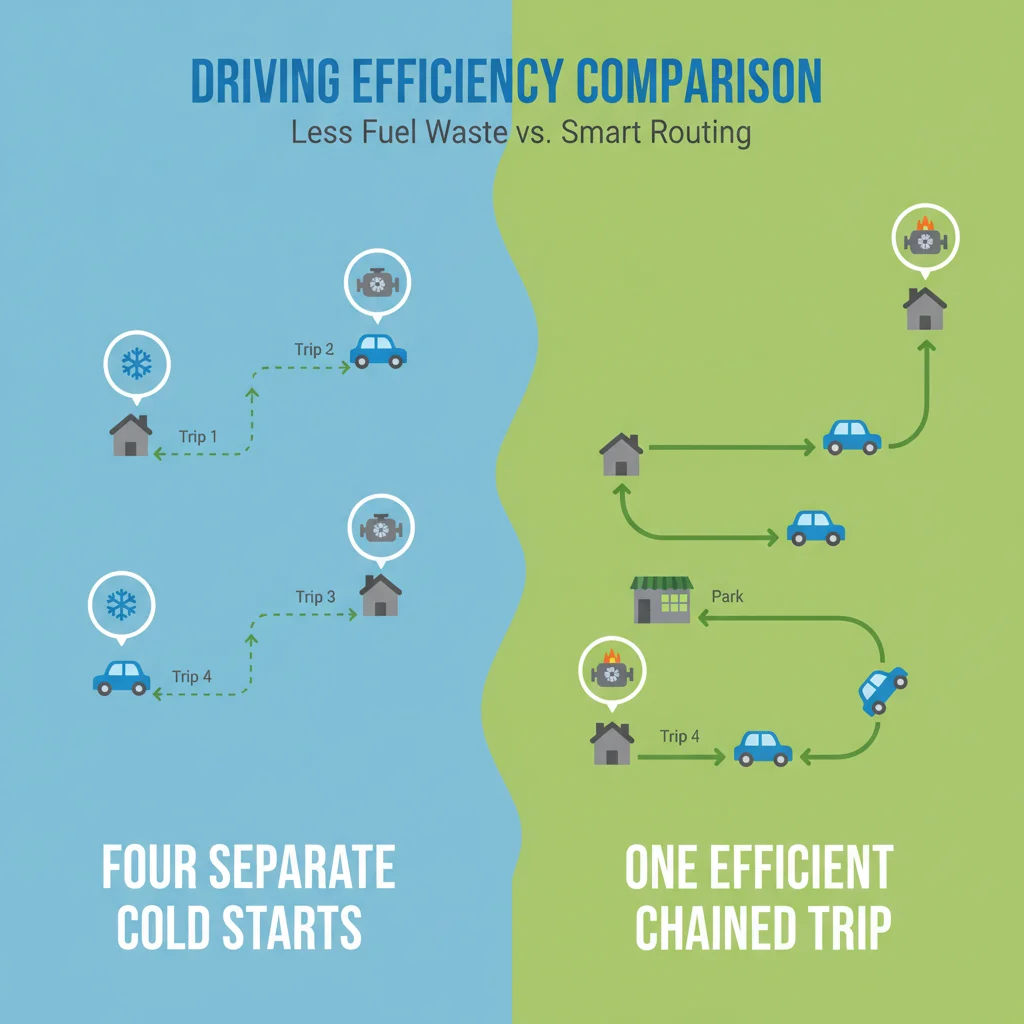 Split infographic comparing multiple separate cold-start trips to a single efficient chained trip