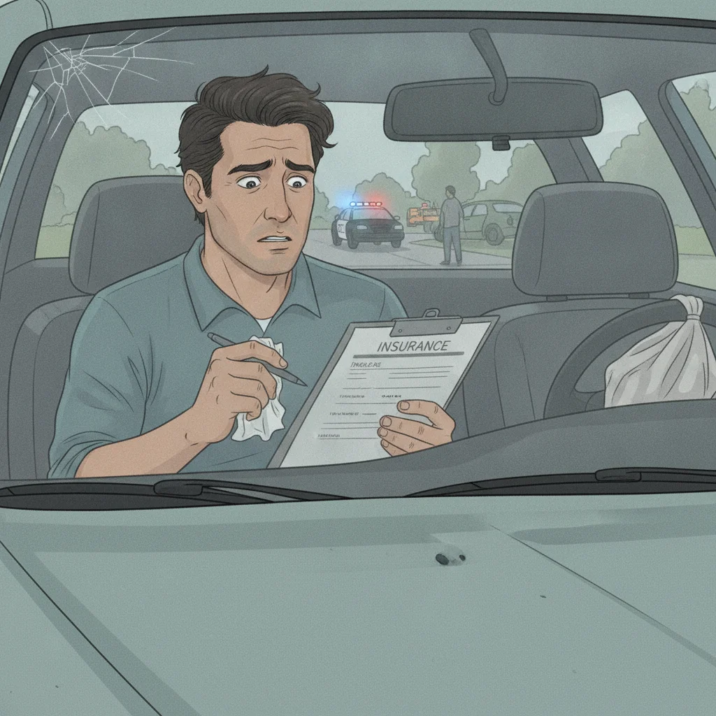 Driver reviewing insurance documents after a car accident on a quiet suburban street