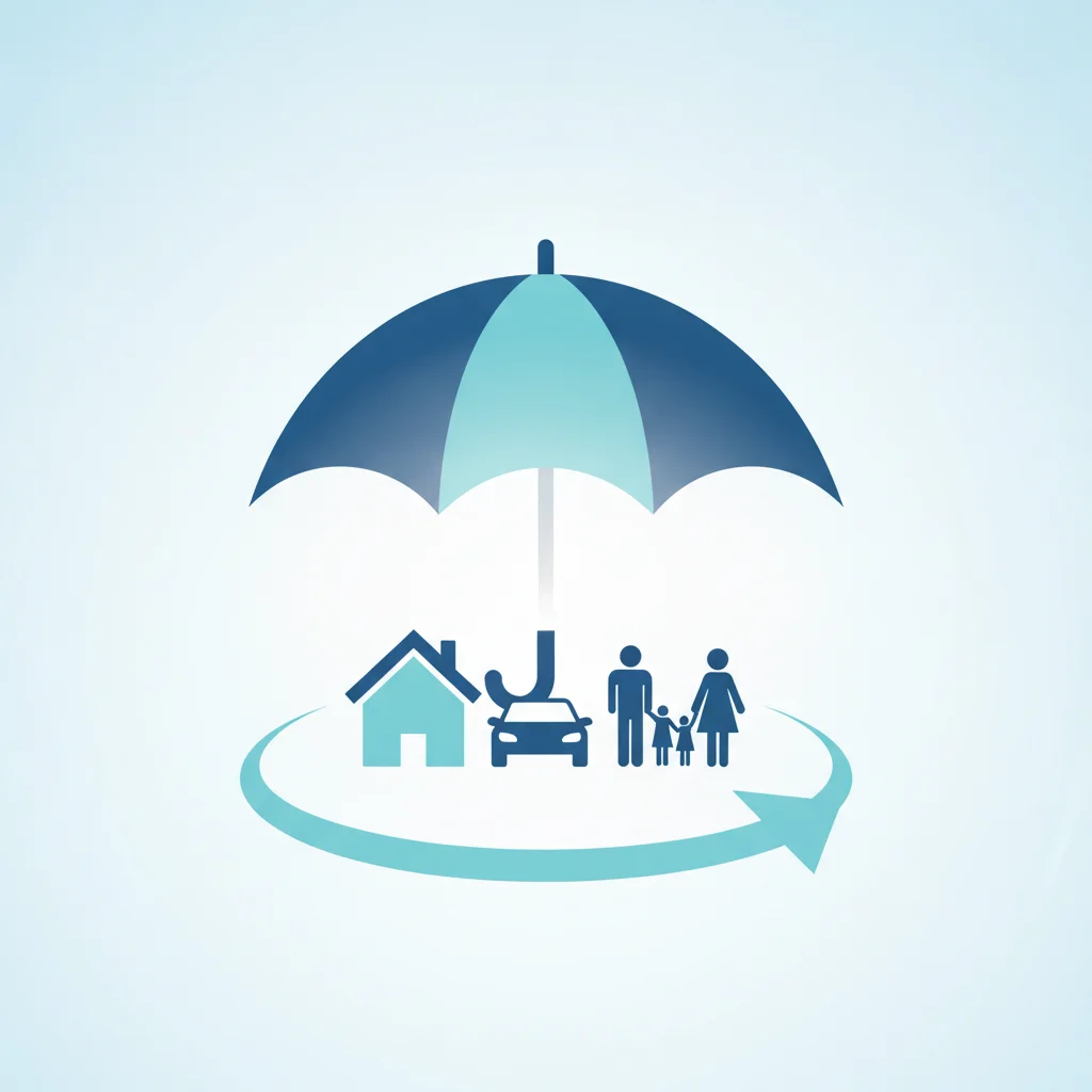 Umbrella icon protecting miniature house, car, and family figures representing broad liability coverage