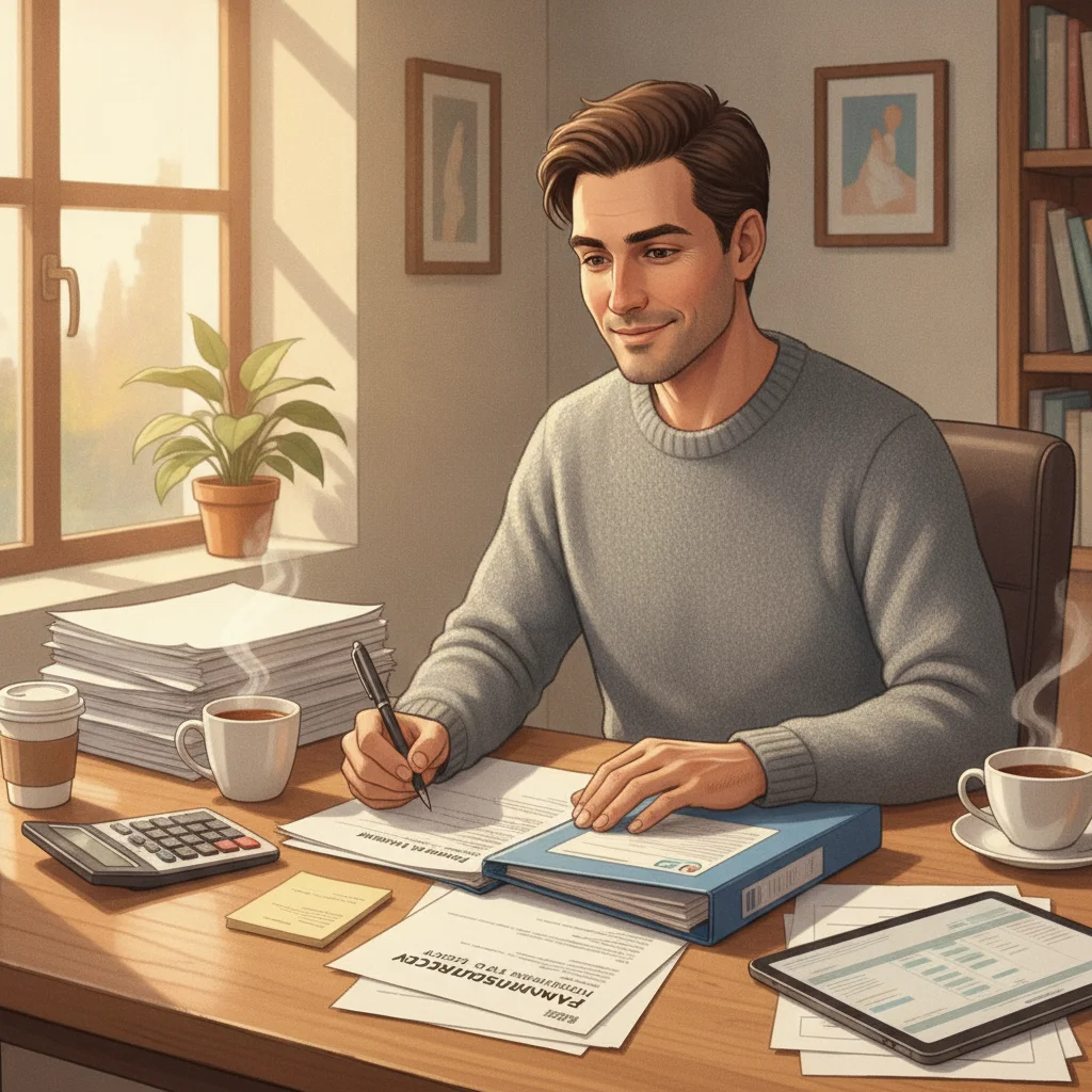Person reviewing insurance policy documents at a home office desk with a calculator nearby