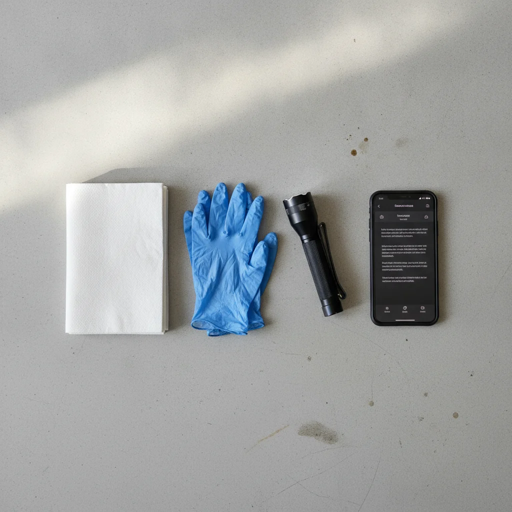 Inspection tools laid out including flashlight, paper towels, gloves, and smartphone for underhood car check