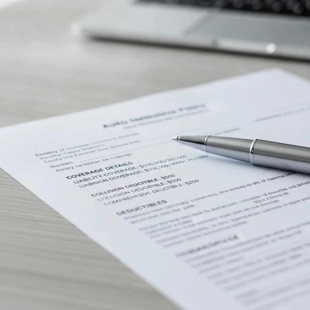 An auto insurance policy document with coverage terms and deductible amounts visible on the page