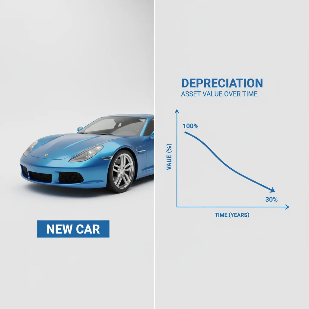 A new car alongside a depreciation chart showing rapid value decline in early ownership years