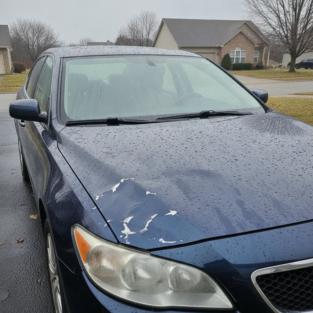 A vehicle hood and roof covered in hail damage dents, photographed outdoors under grey skies