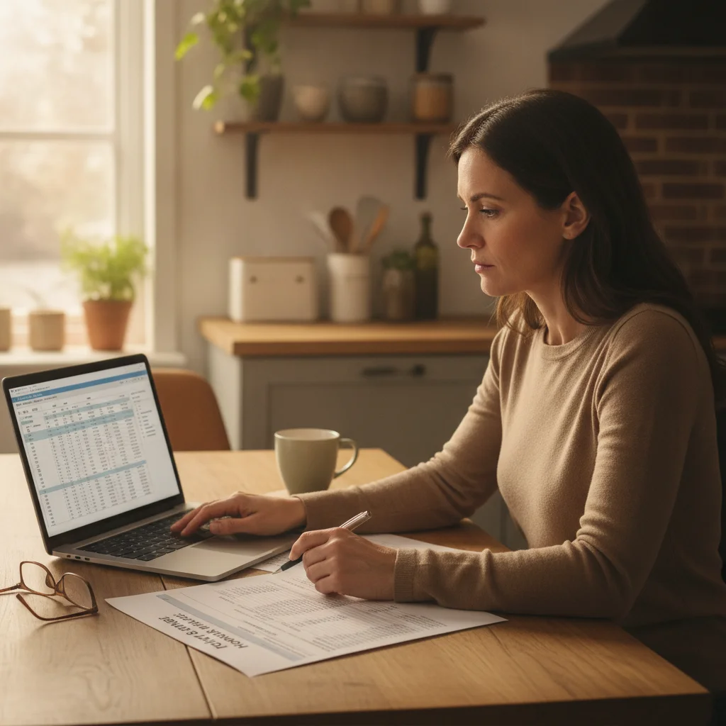 A person reviewing an auto insurance renewal document at a home desk with a laptop open nearby