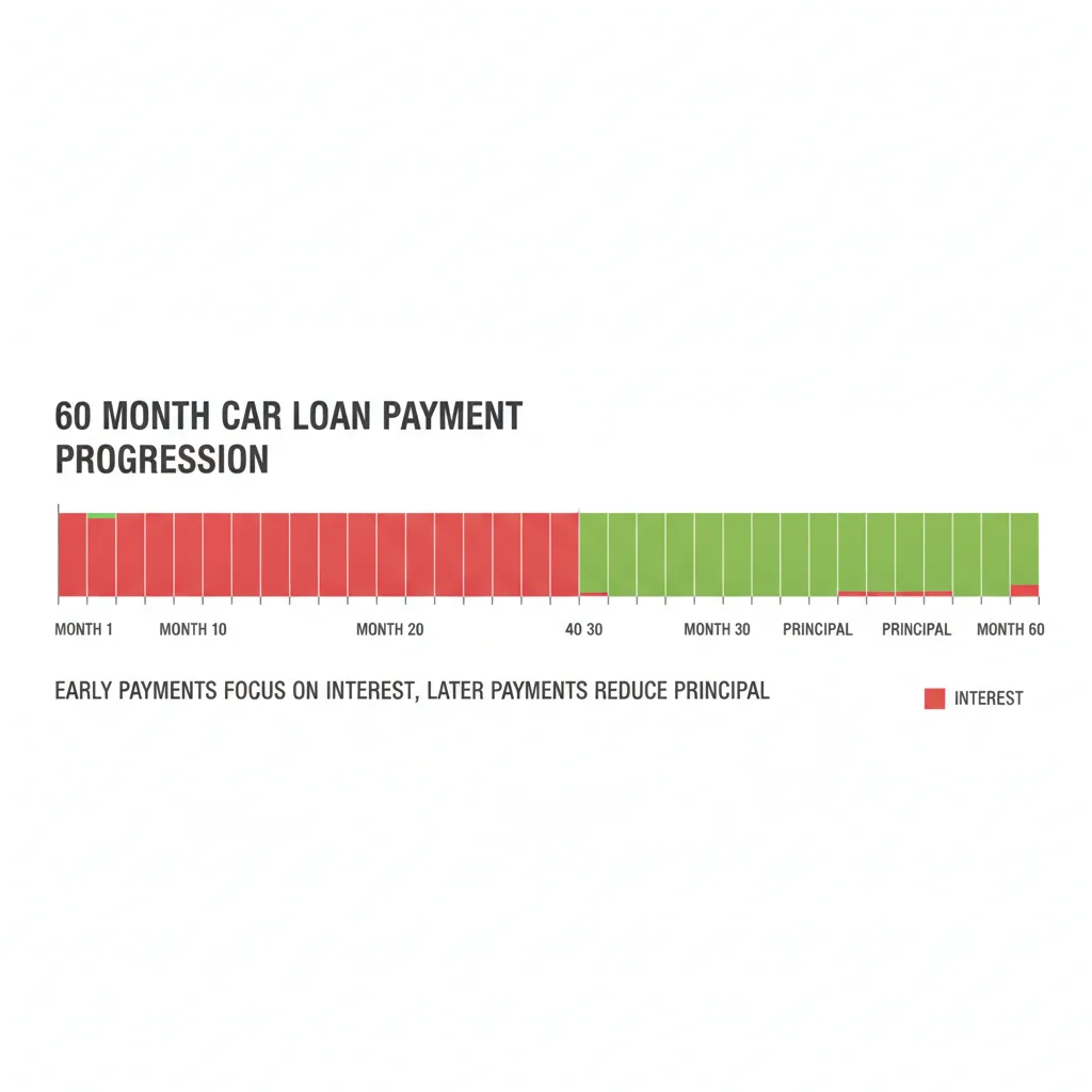 Timeline diagram showing interest-to-principal shift across 60 auto loan payments