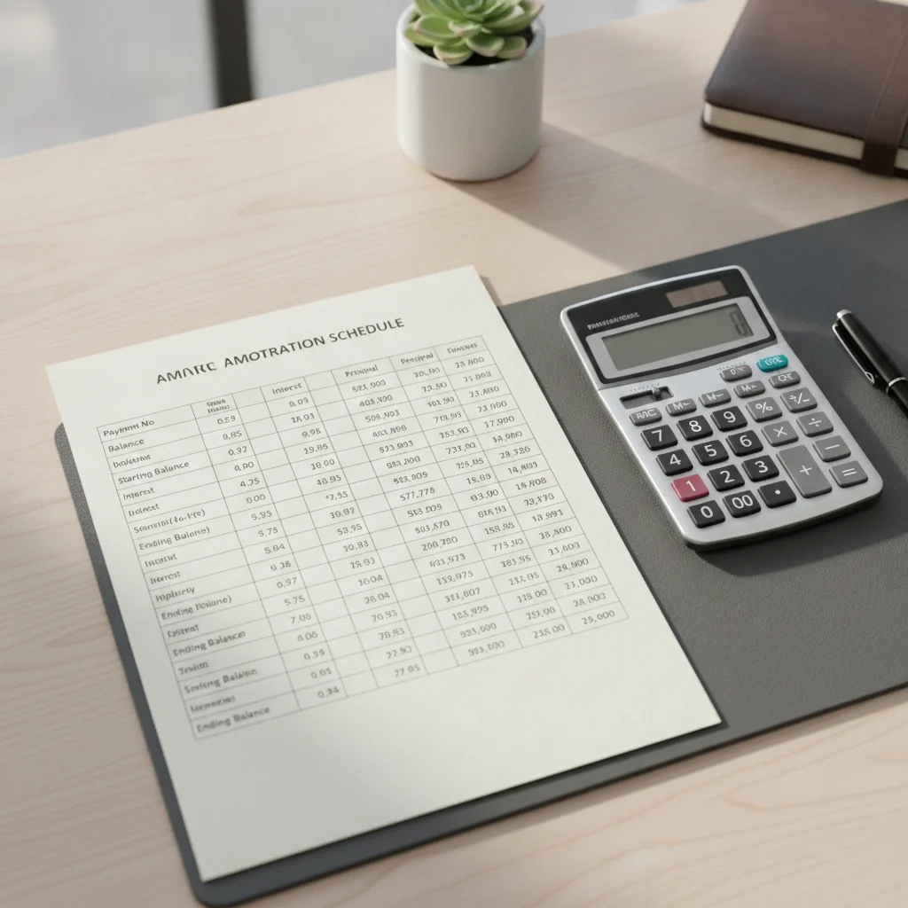 Printed auto loan amortization schedule table on a desk with a calculator and pen