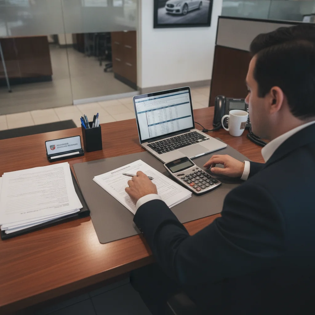 Car buyer reviewing loan documents at a dealership finance office desk