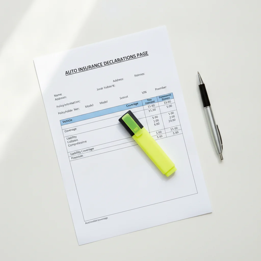 Auto insurance declarations page with a highlighter and pen ready for review on a desk