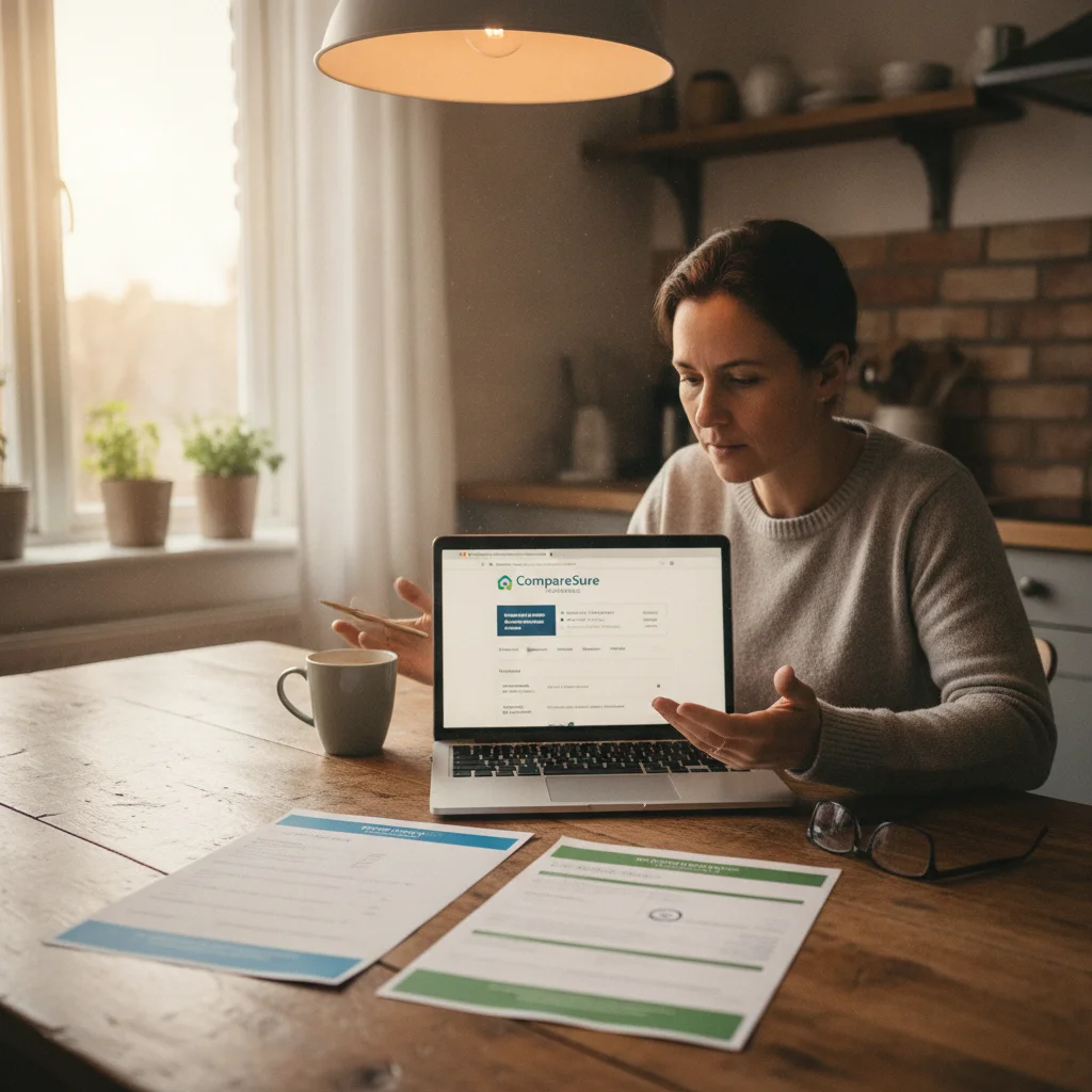 Person comparing two auto insurance renewal notices at a kitchen table with a laptop open
