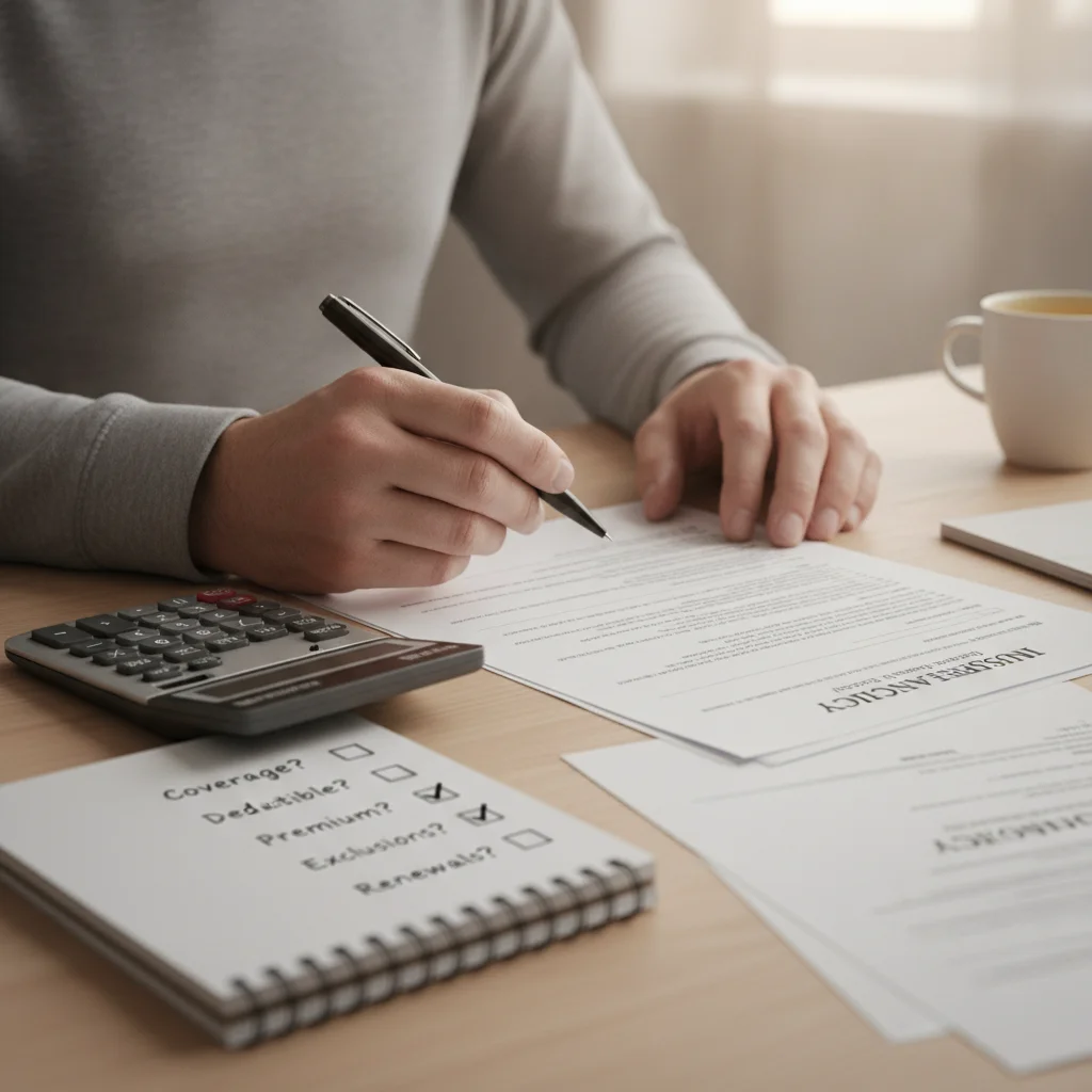 Person reviewing auto insurance policy documents with a calculator and checklist on a desk