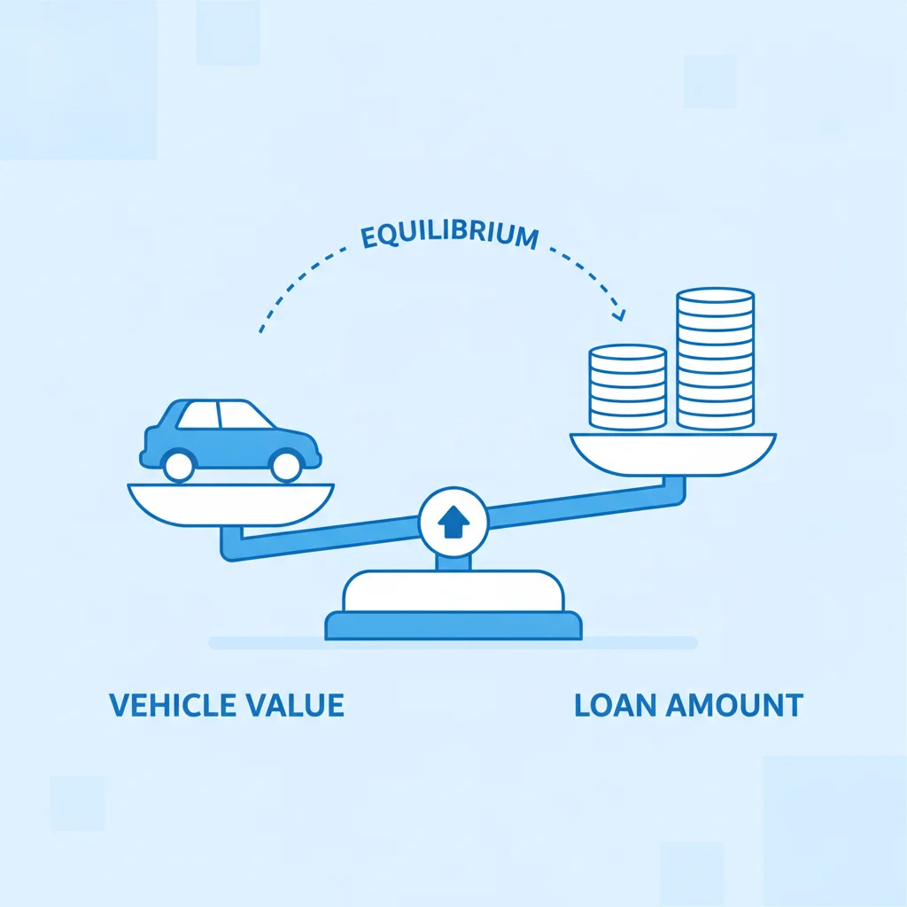 Balance scale diagram showing car value on one side and loan amount on the other to illustrate LTV ratio