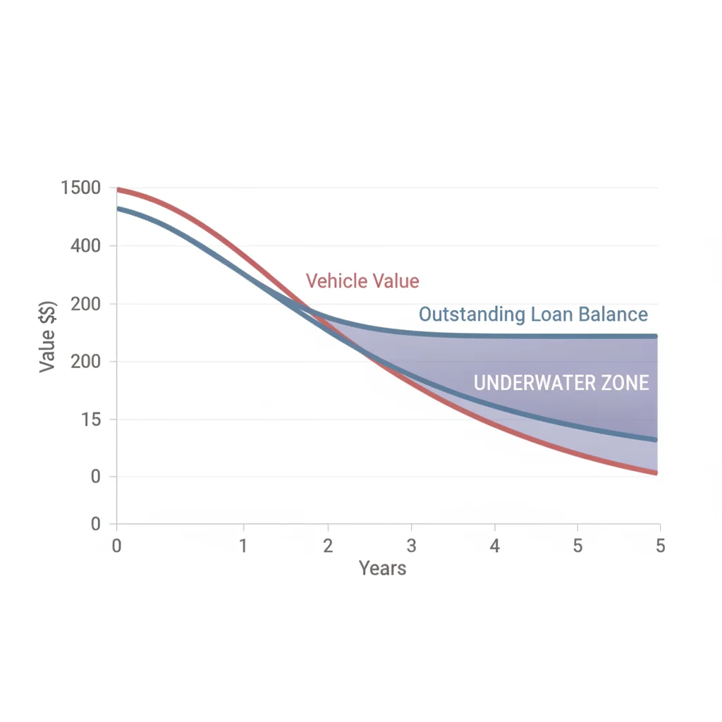 Depreciation curve chart showing vehicle value decline versus loan balance over five years with underwater zone highlighted