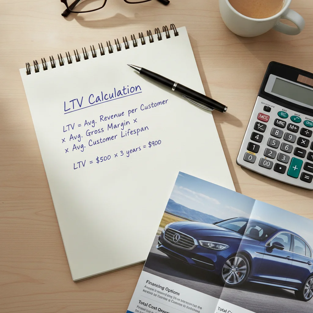 Notepad with LTV calculation next to a calculator and car brochure on a wooden desk