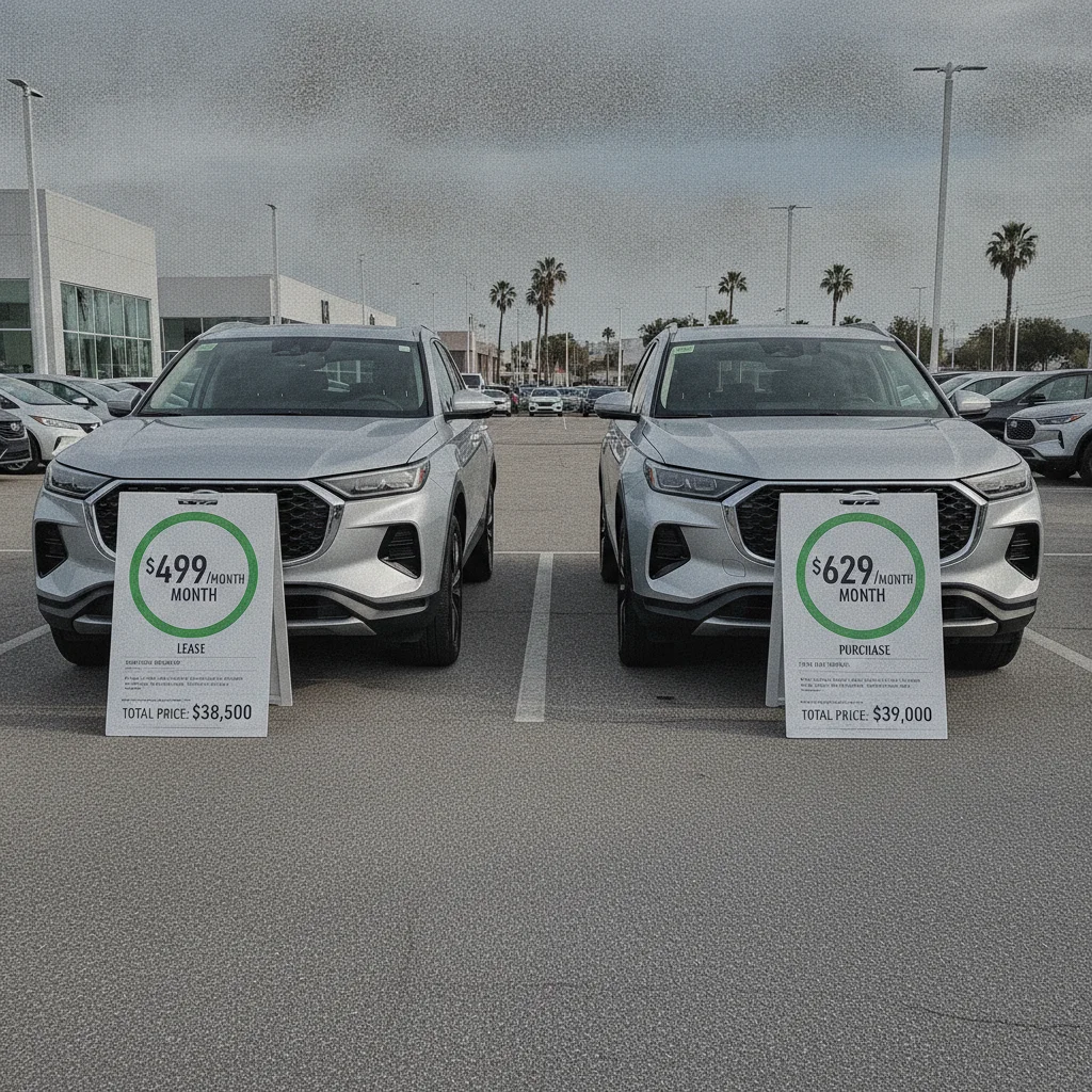 Two similar SUVs on a dealer lot with different monthly lease payment price tags displayed