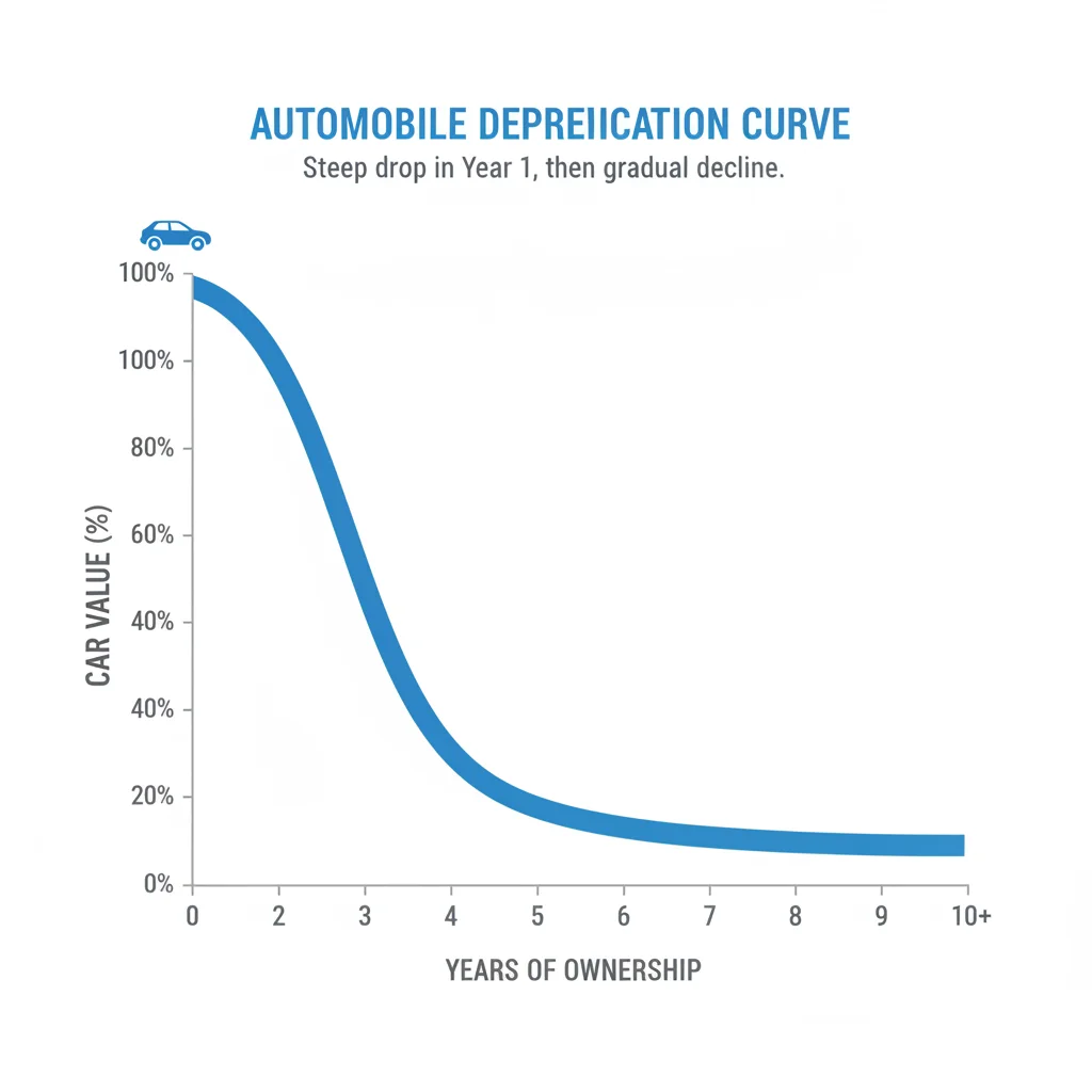 Depreciation curve graph showing steep early value loss followed by gradual flattening over five years
