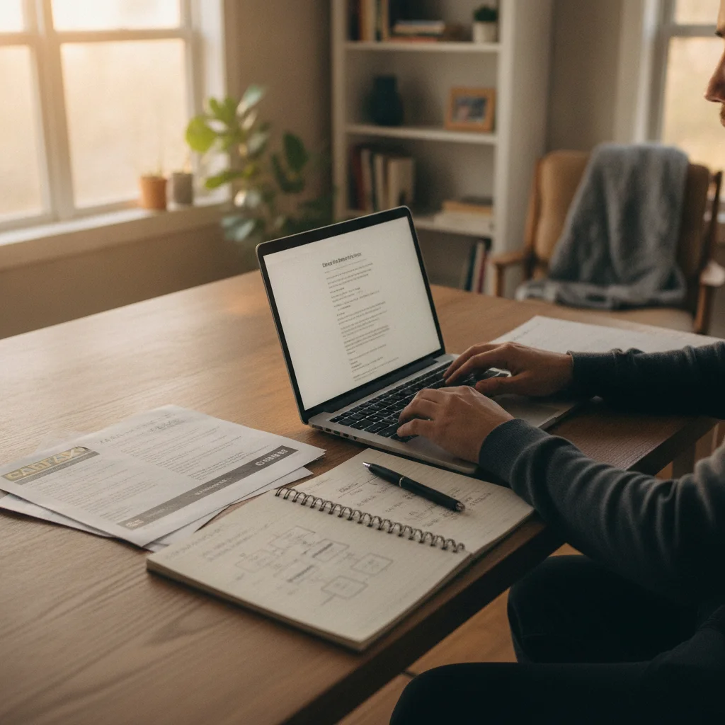 A private car seller researching pricing and depreciation data on a laptop at home