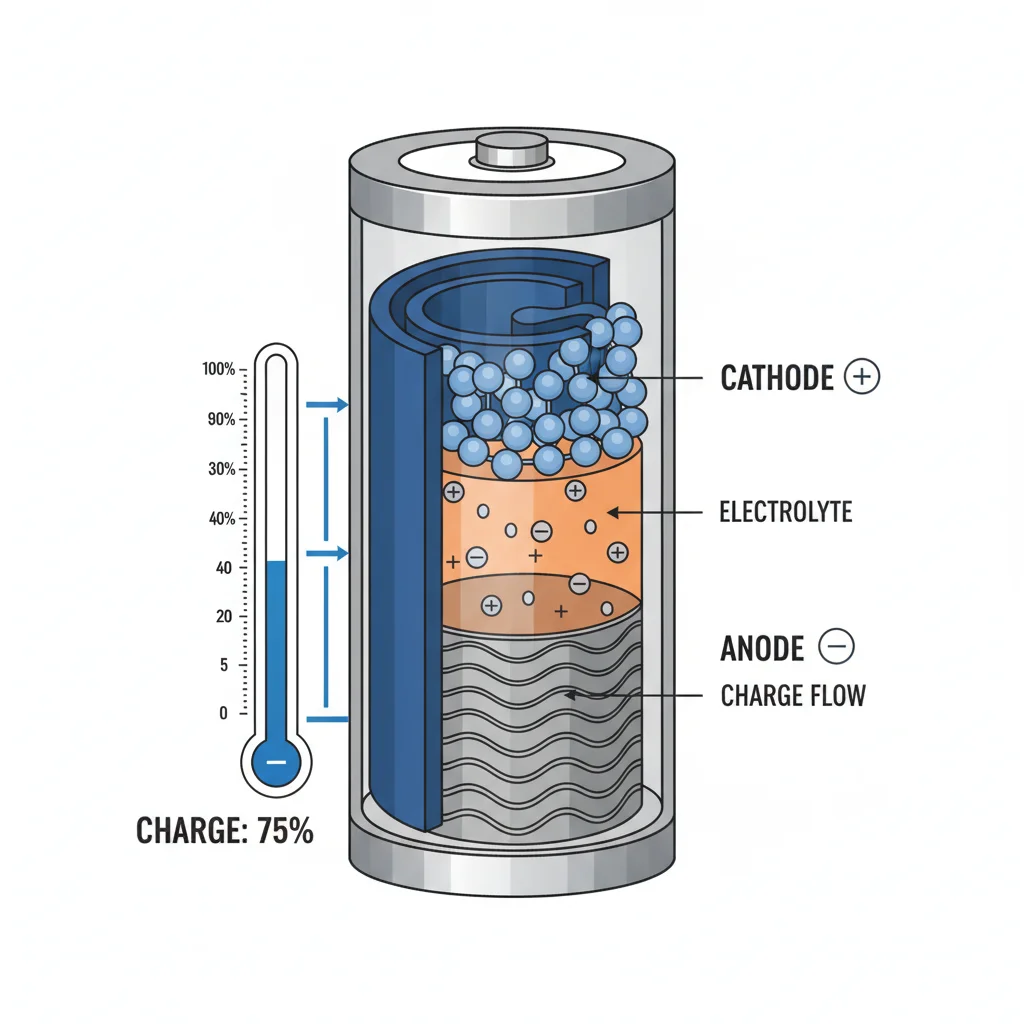 Cross-section diagram of a lithium-ion battery cell showing cathode, anode, and electrolyte components
