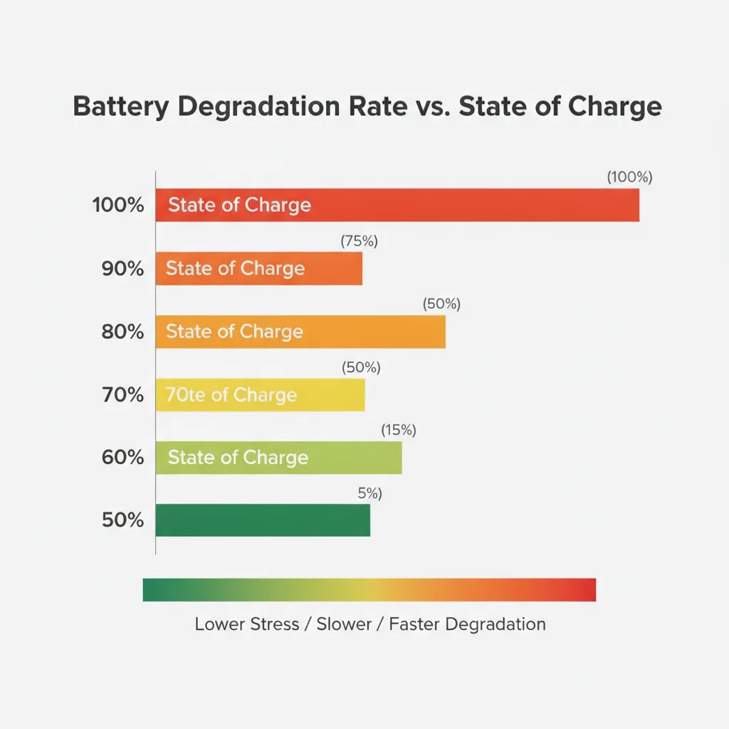Bar chart comparing EV battery degradation rates at different state of charge levels from 50 to 100 percent
