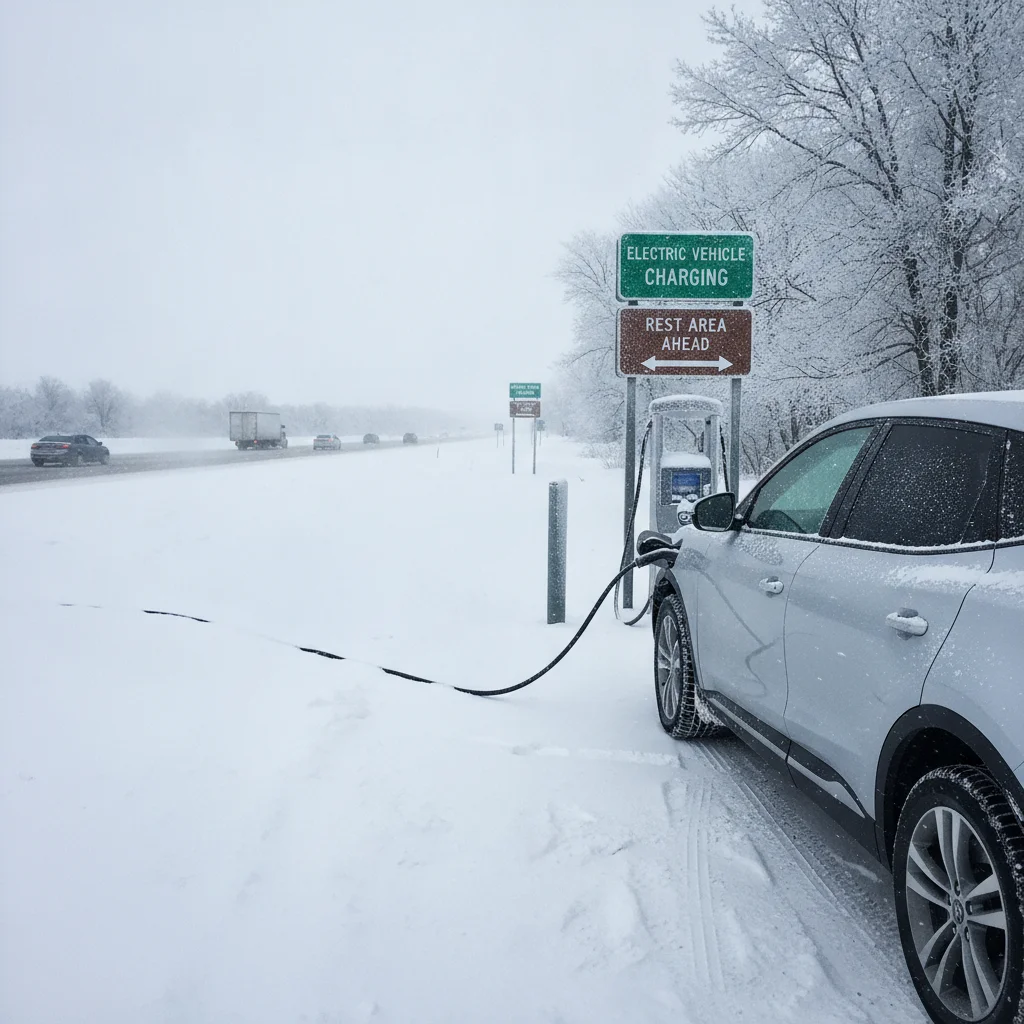 Electric vehicle charging at a highway rest stop in cold snowy winter conditions