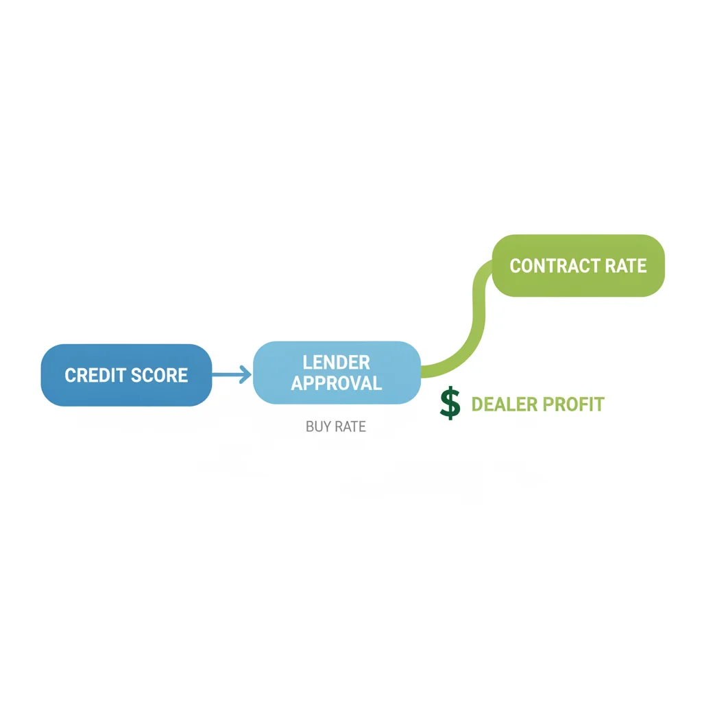 Flow chart illustrating how credit score leads to a buy rate which the dealer can mark up to a higher contract rate