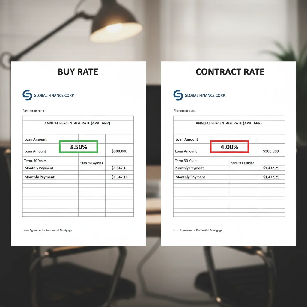 Side-by-side comparison of a buy rate loan document and a marked-up contract rate loan document