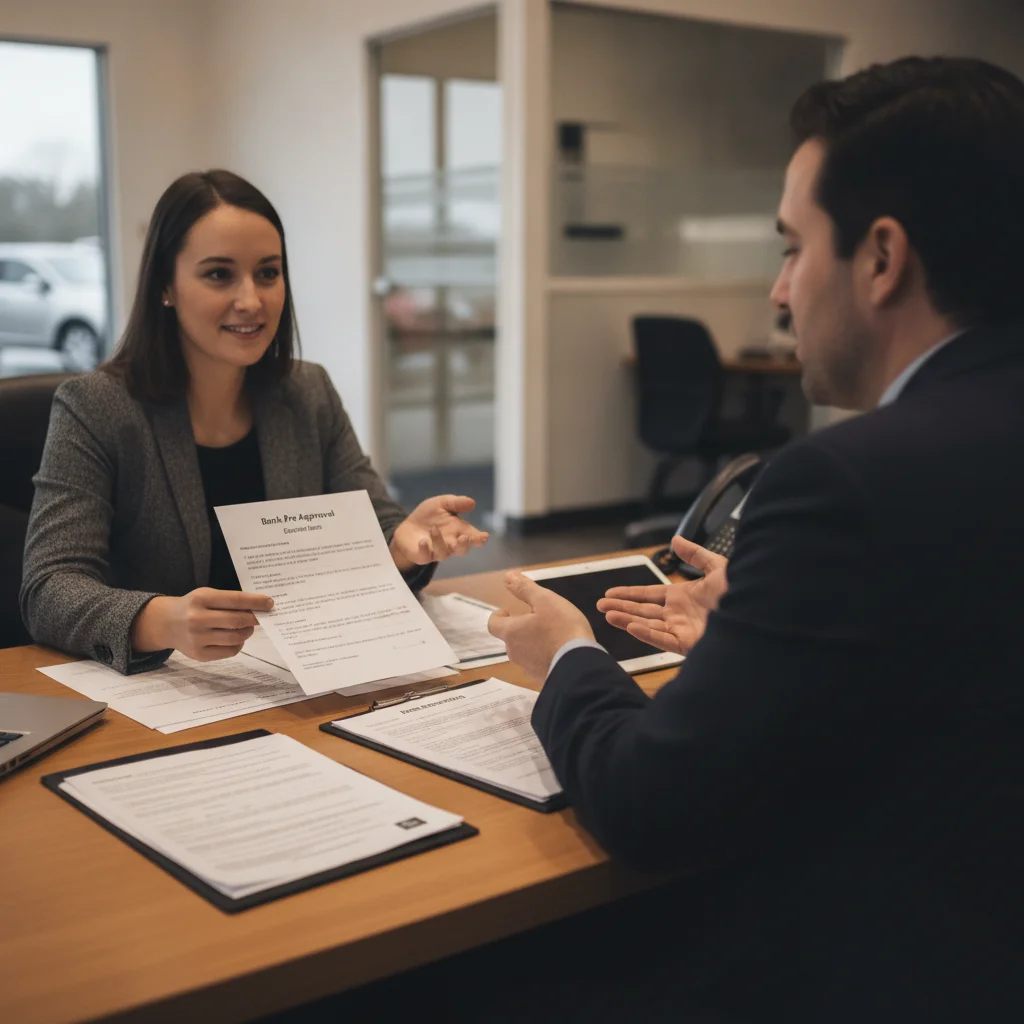 Car buyer presenting a bank pre-approval letter to a dealership finance manager at a desk