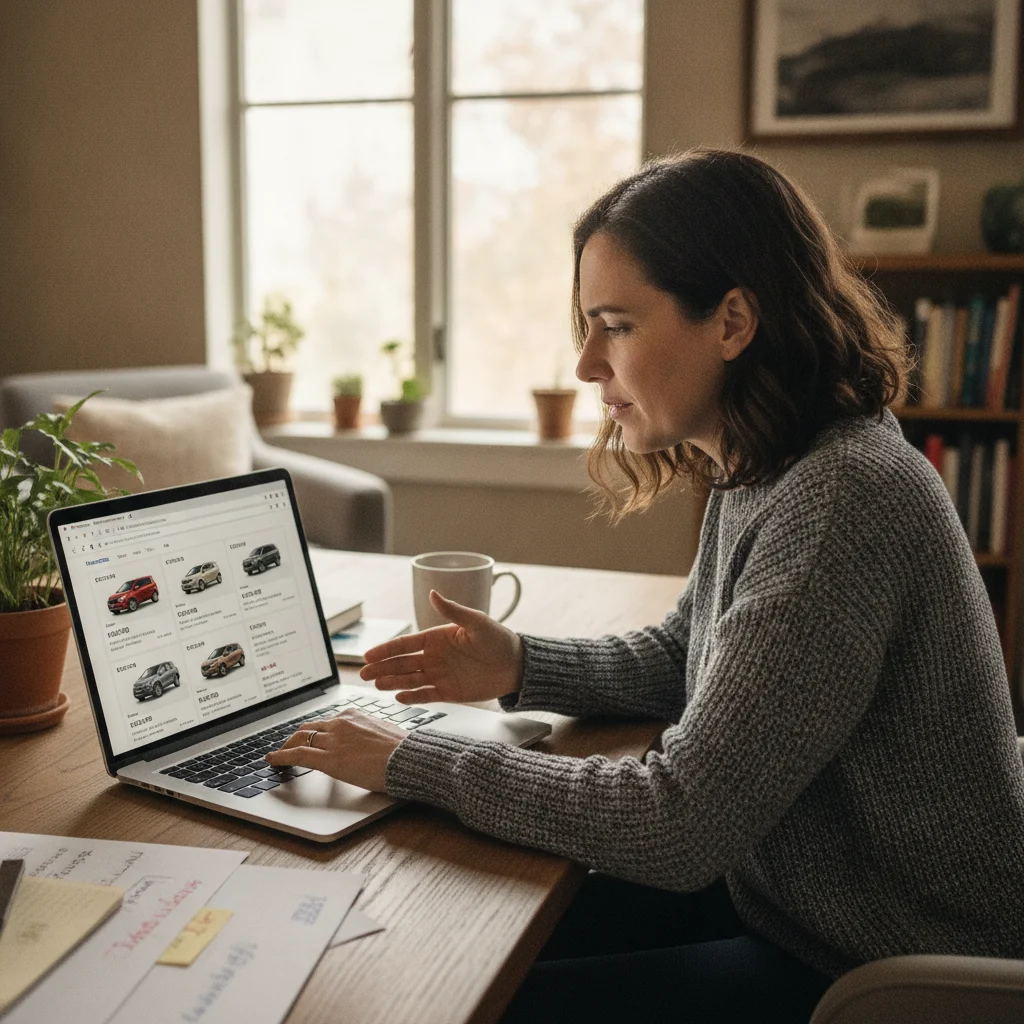 Person researching private party car sale prices on CarGurus and AutoTrader listings on a laptop at home