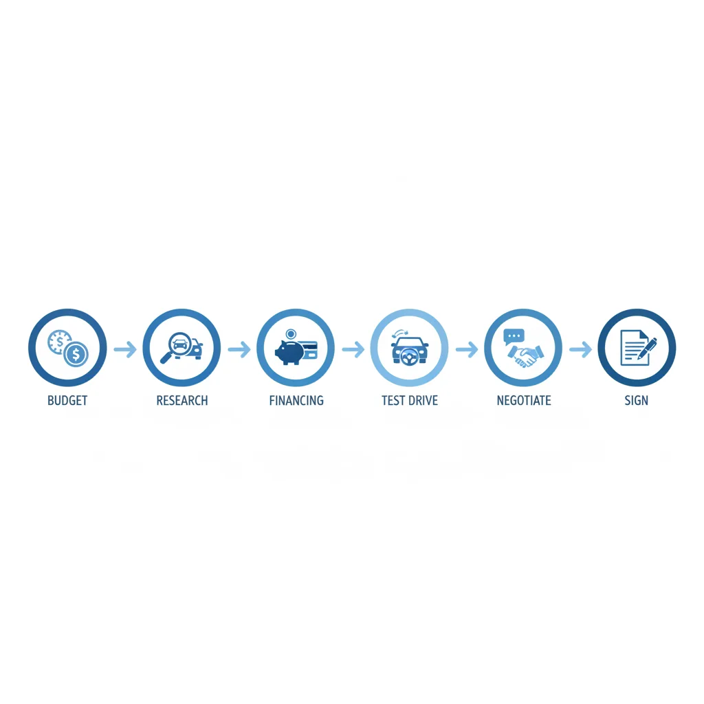 Flat illustration of the six stages in the new car buying cycle from budgeting to signing
