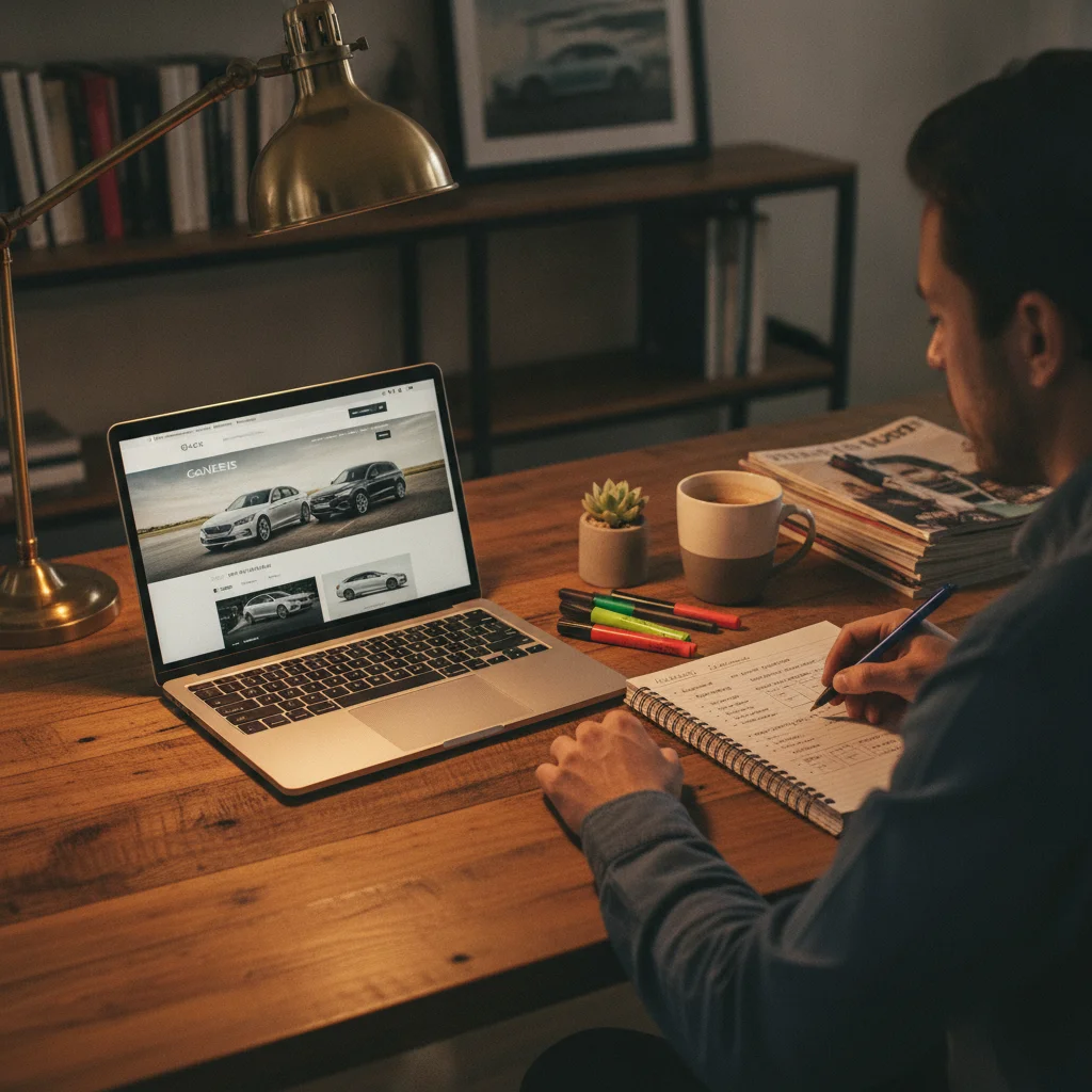 Car buyer comparing trim levels on a laptop while taking notes on a notepad at a home desk